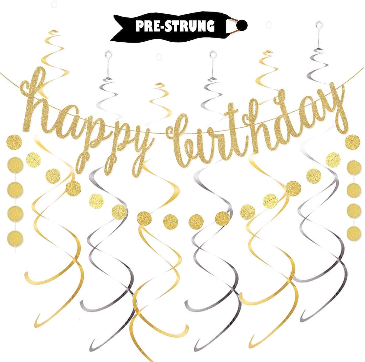 OuMuaMua gold happy birthday banner for stylish party decor and photo backdrop.