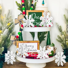 OuMuaMua white wooden snowflake 3D decor adds a cozy winter centerpiece.
