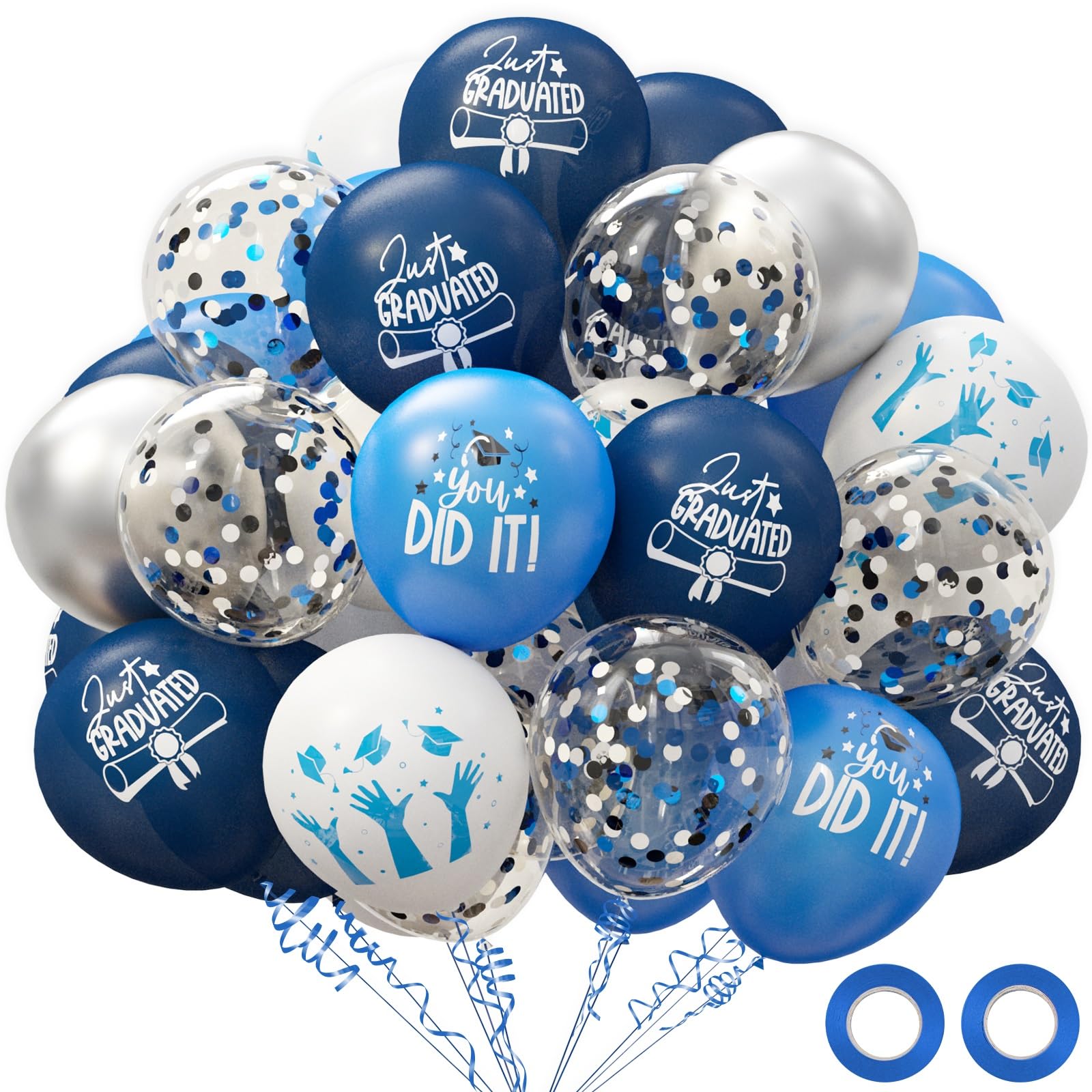 OuMuaMua 70-piece graduation balloon kit in blue, white, and silver for festive decor.