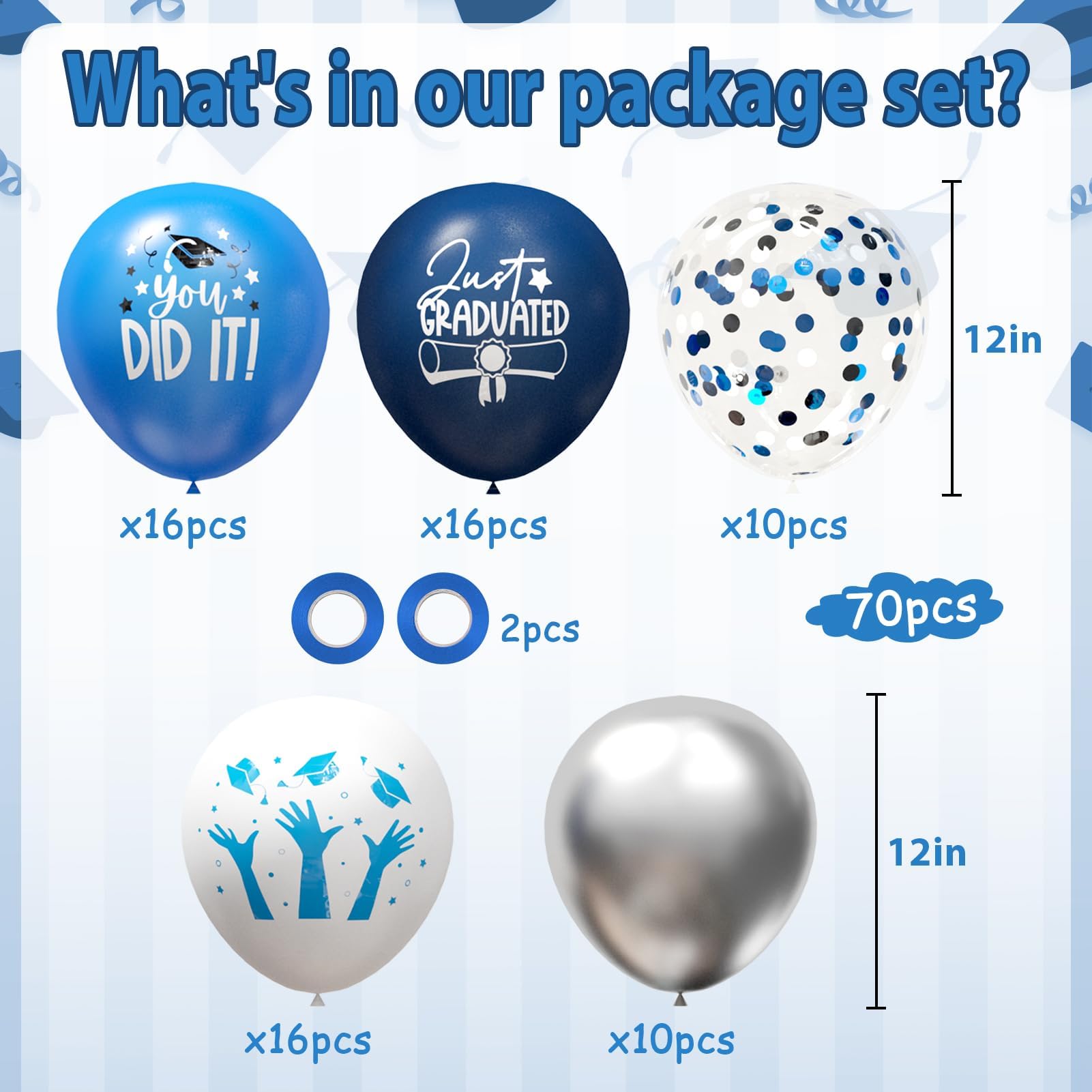 OuMuaMua balloons with confetti in blue, white, and silver for party flair.