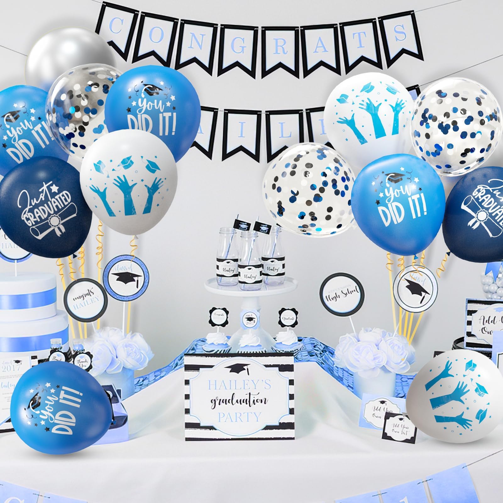 OuMuaMua graduation party decor in blue theme ideal for celebrations.