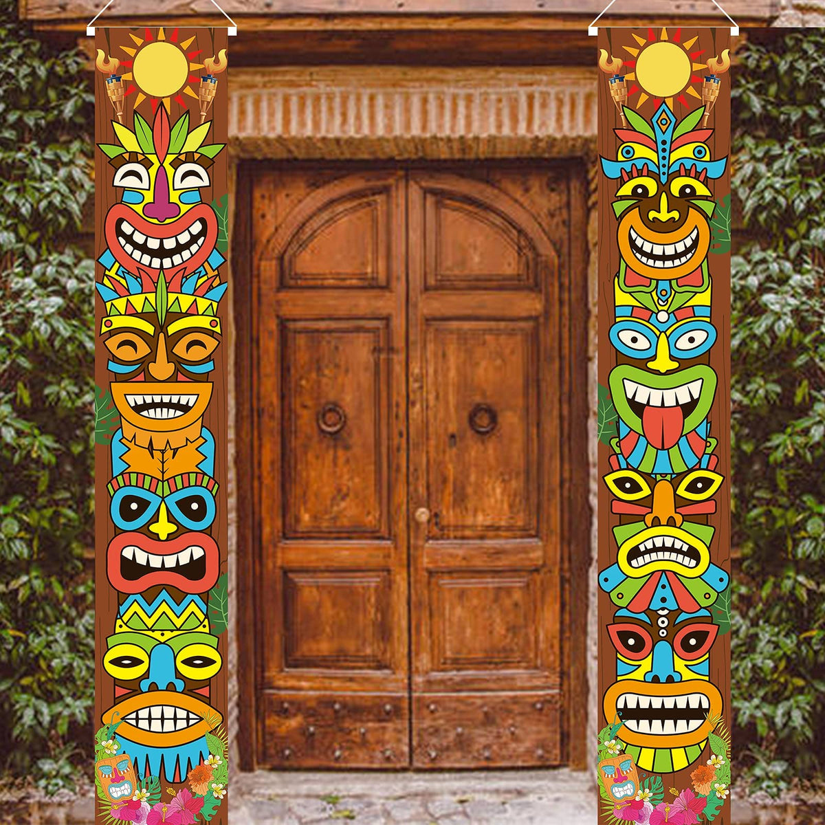OuMuaMua Hawaiian Luau tiki-totem door banner with vibrant colors for welcoming front-door decor.