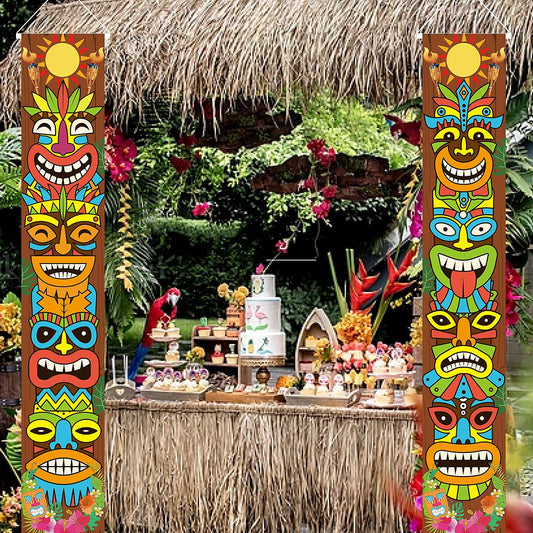 OuMuaMua hibiscus and tiki masks banner adds tropical flair to any entryway.
