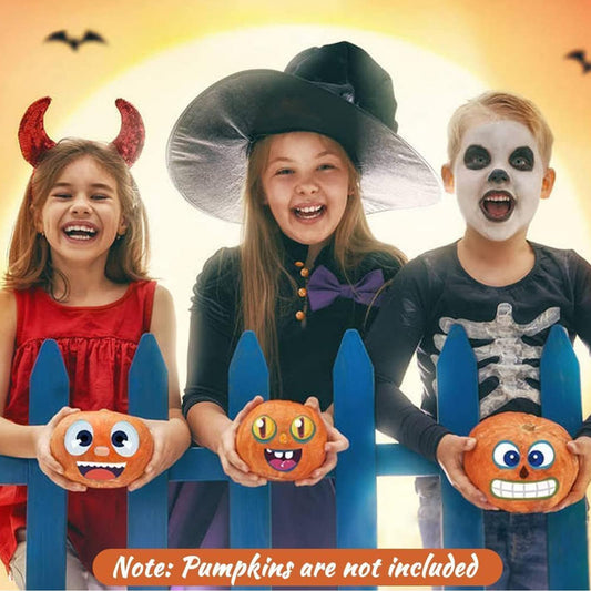 OuMuaMua pumpkin sticker face on a small pumpkin for kid-friendly decorating.