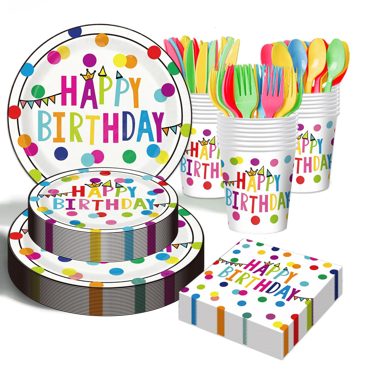 OUNIY birthday dinner plates with colorful dots for a lively kid party.