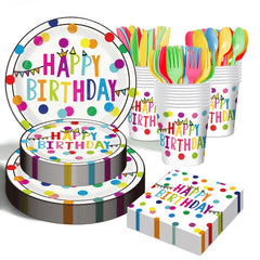 OUNIY birthday dinner plates with colorful dots for a lively kid party.
