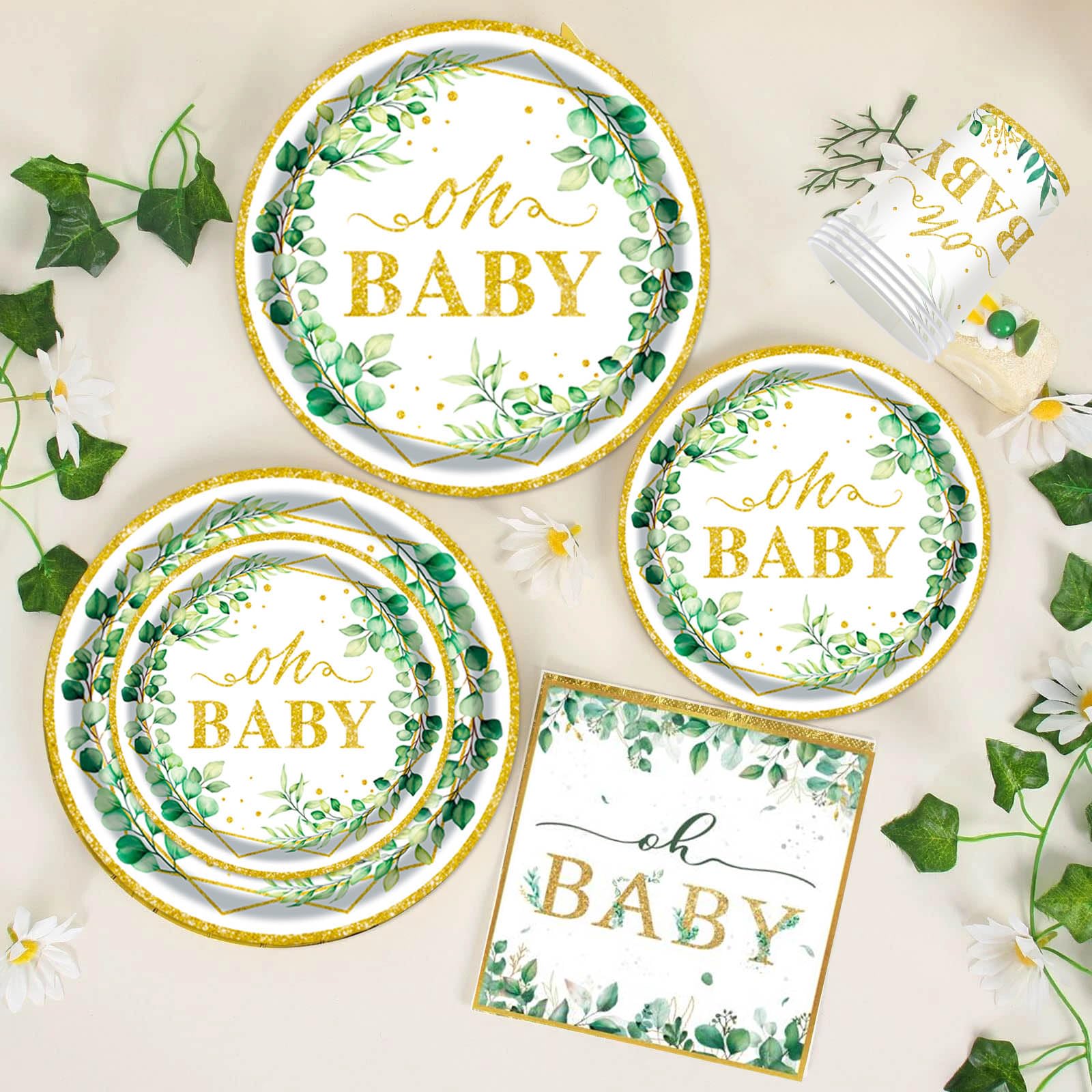 OUNIY Sage Greenery gold-plastic cutlery complements the set for quick dining