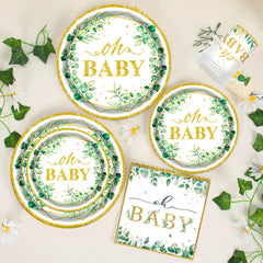 OUNIY Sage Greenery gold-plastic cutlery complements the set for quick dining
