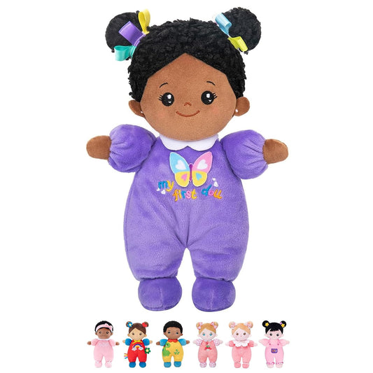 OUOZZZ 10-inch black baby doll face close-up shows soft fabric for gentle play.
