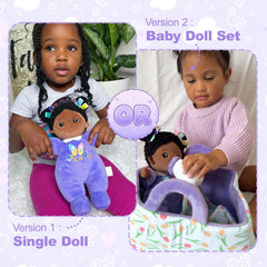 OUOZZZ 10-inch black baby doll in-hand for cozy, comforting hugs.