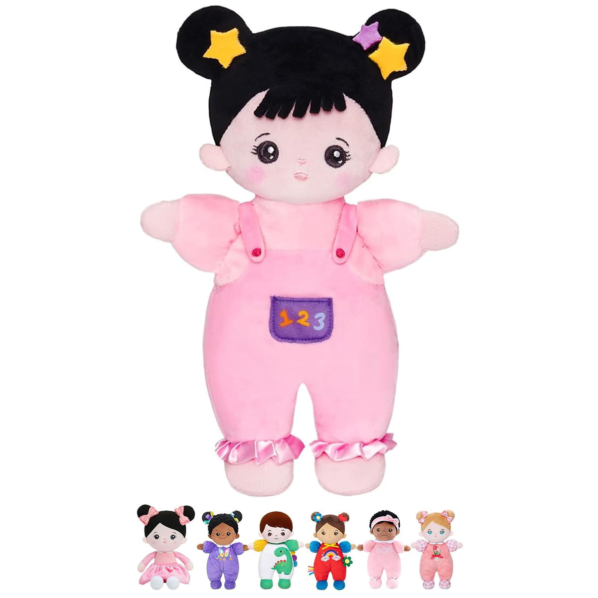 OUOZZZ 10-inch soft baby doll with pink straps offers a comforting playmate for toddlers.