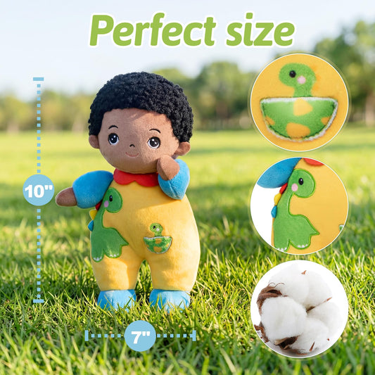 OUOZZZ 10-inch soft black boy doll in arms, perfect for comforting hugs.