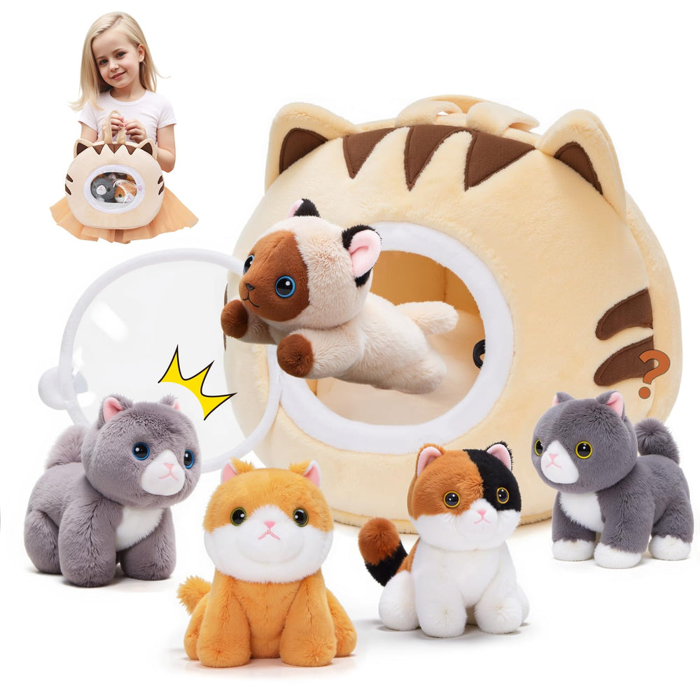 OUOZZZ cat stuffed animal house with five kittens for imaginative play at home