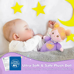 OUOZZZ plush doll daisy purple closeup showing soft fabric and safety.