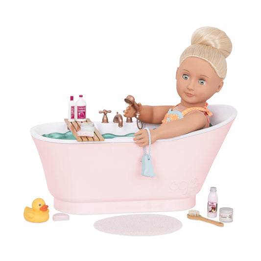 Our Generation extendable handheld tap demonstrating reach during doll bath time