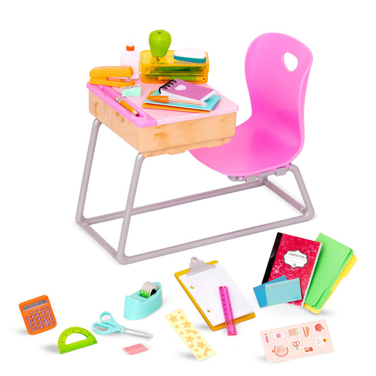 Our Generation Flying Colors desk front open shows organized storage for classroom accessories.