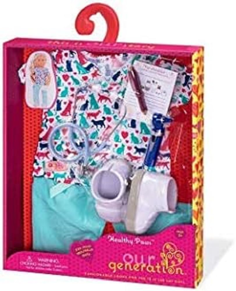 Our Generation Healthy Paws Vet Uniform set with accessories for 18-inch dolls promotes imaginative care play.