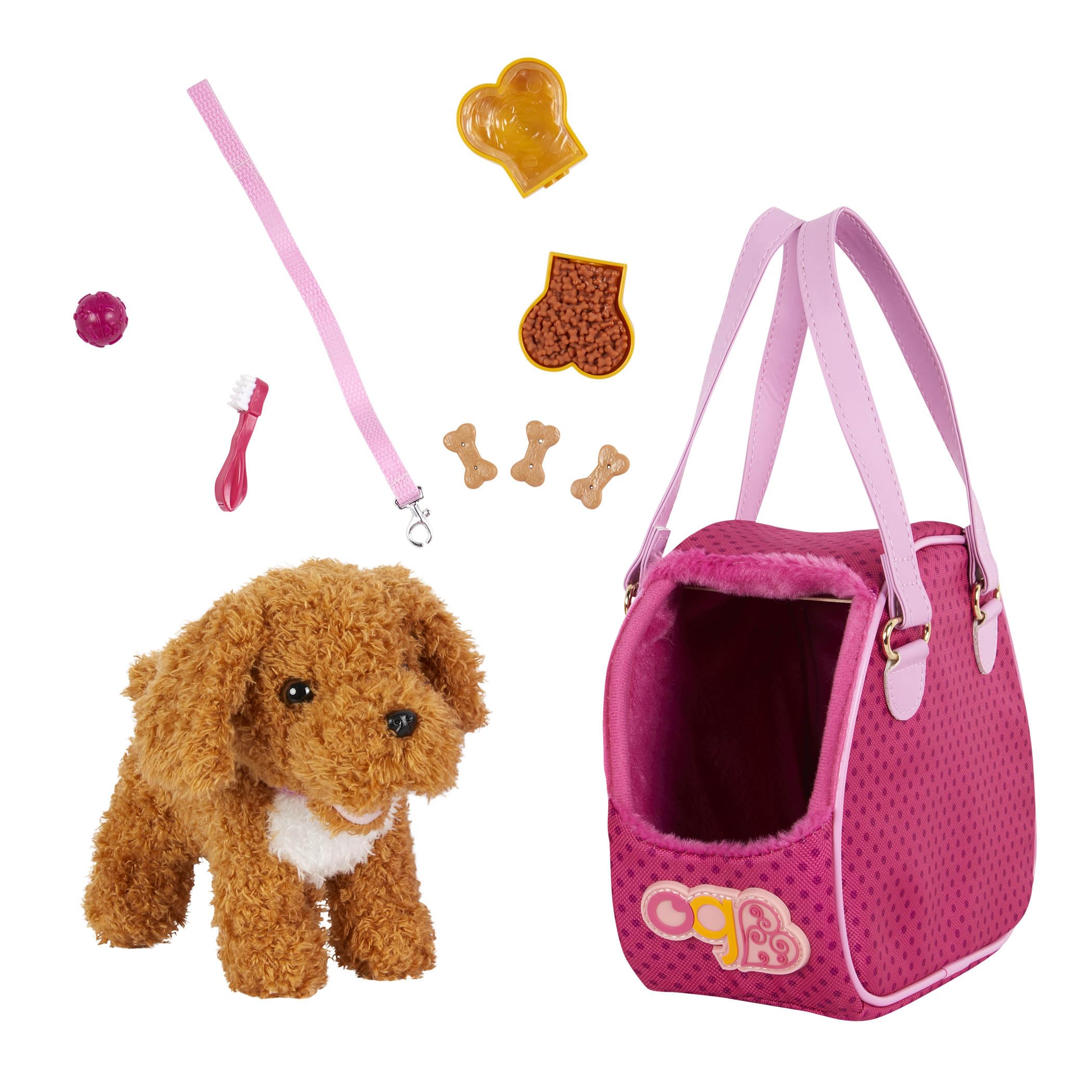 Our Generation hop in dog carrier with plush poodle for cuddly adventures