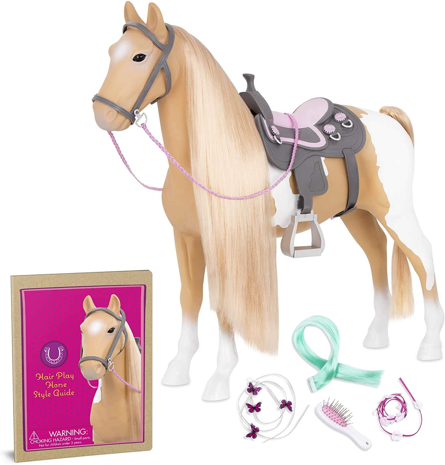 Our Generation Palomino paint horse 20-inch ready for dress-up adventures with 18-inch dolls.