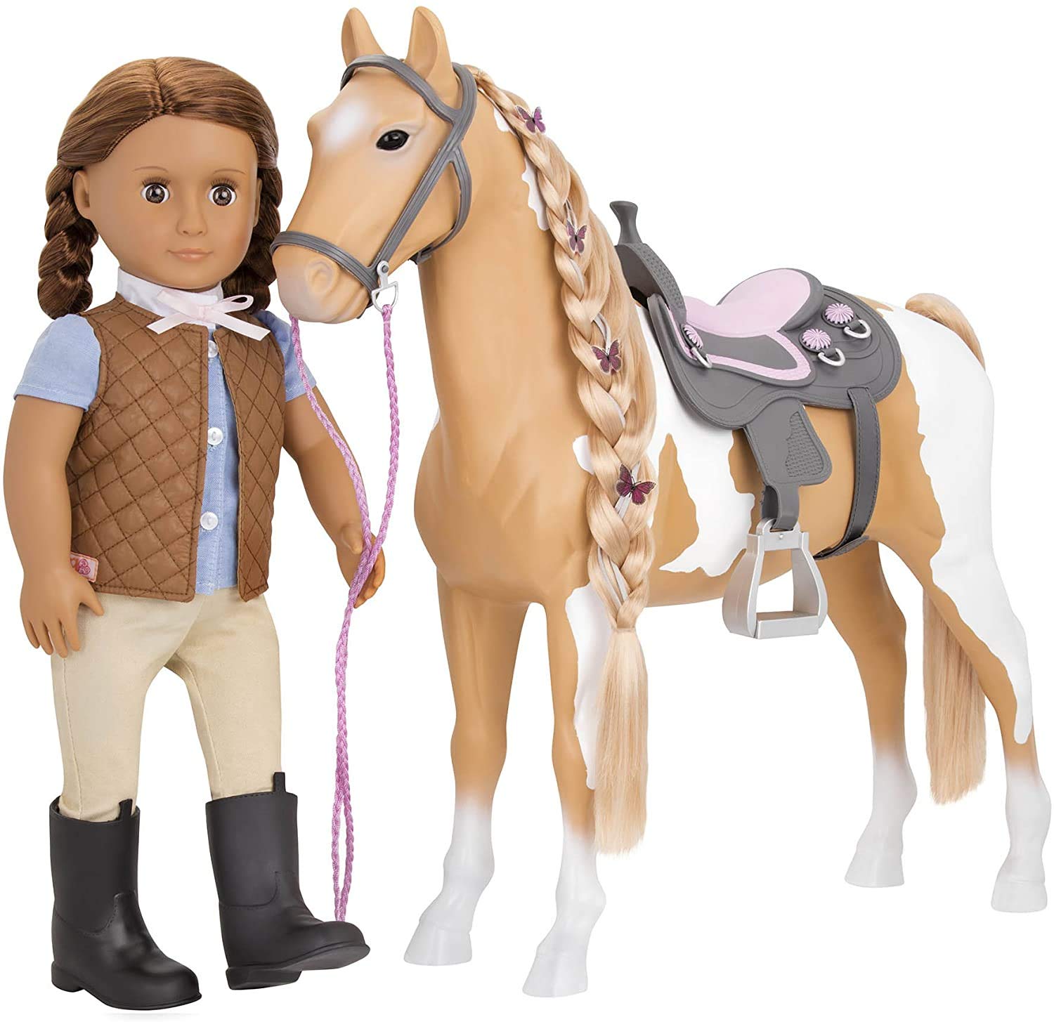 Our Generation Palomino paint horse green hair extension creates vivid outfits.