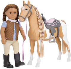 Our Generation Palomino paint horse green hair extension creates vivid outfits.