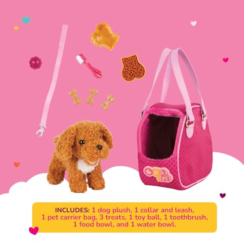 Plush puppy with collar and leash enhances pretend play