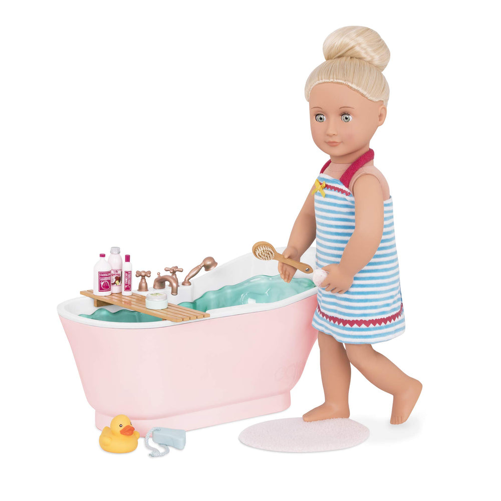 Our Generation wooden bath tray with accessories for doll bath storytelling