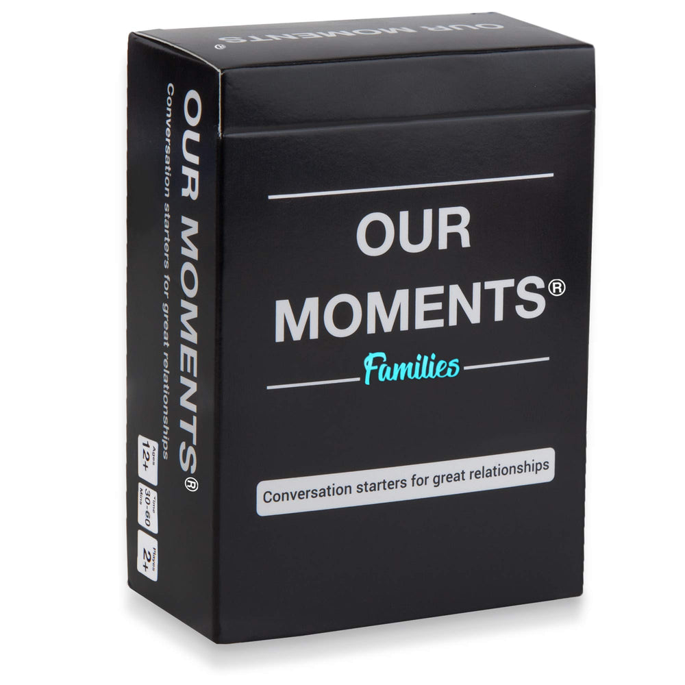 OUR MOMENTS Families card box front promotes family bonding during game night