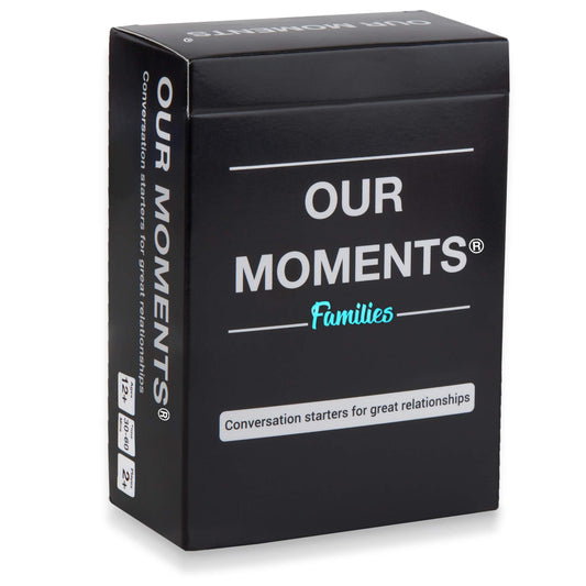 OUR MOMENTS Families card box front promotes family bonding during game night