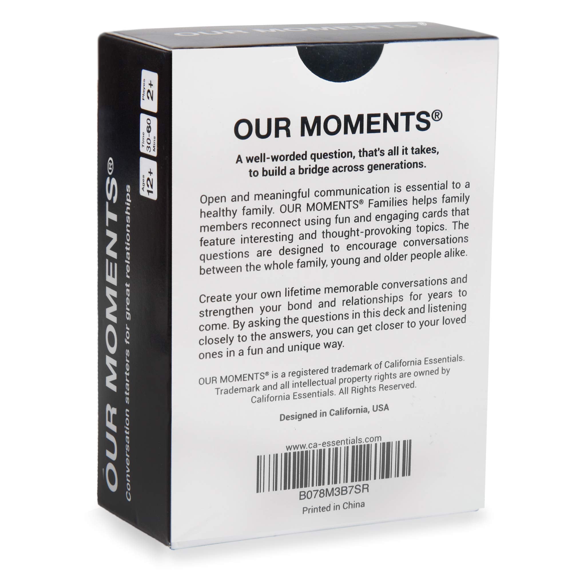 Closeup of OUR MOMENTS Families card deck with thought-provoking prompts