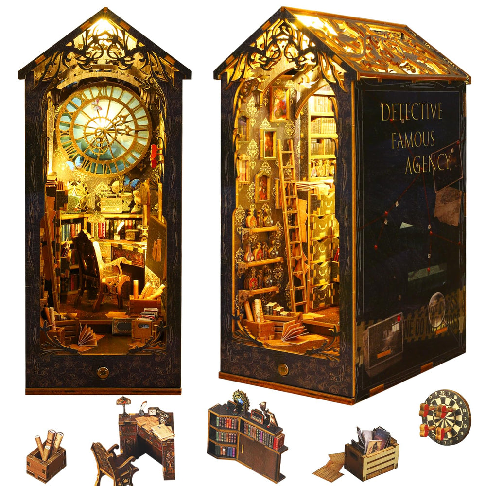 OurMiao Book Nook Kit: detective agency scene with ambient LED light for cozy spaces.