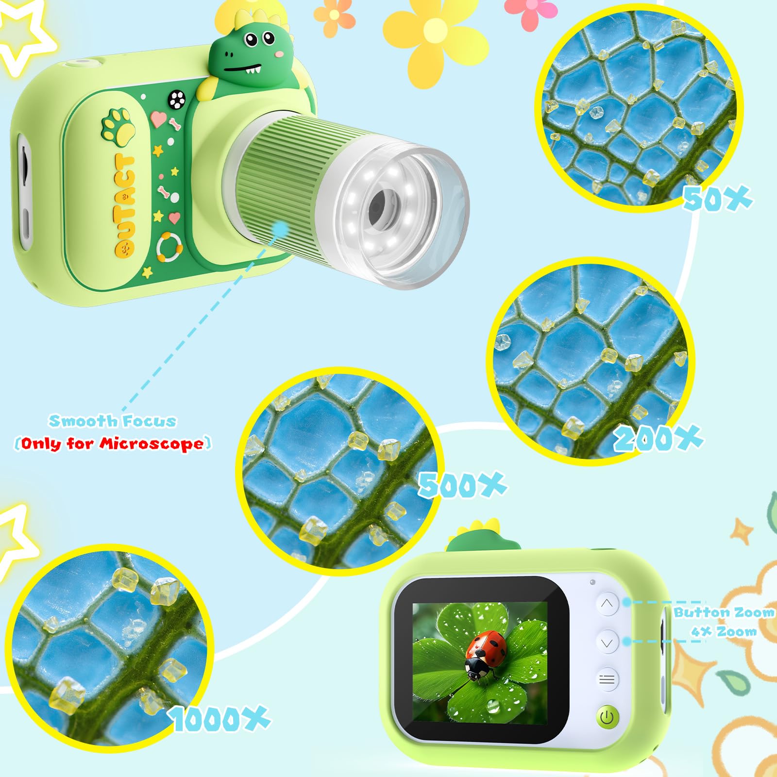 OUTACT Kids Microscope with LED lights provides clear viewing.