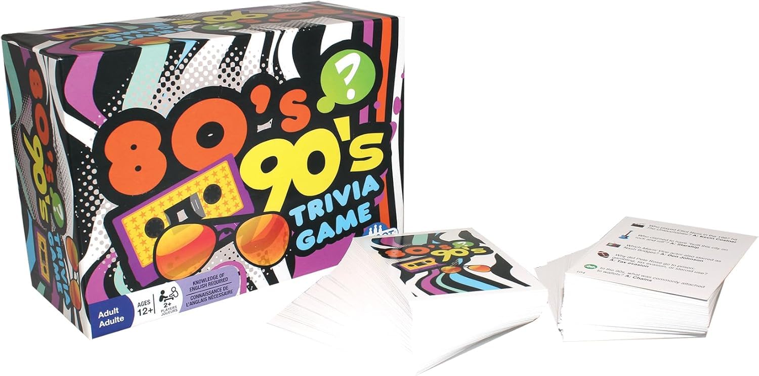 Outset Media 80s-90s Trivia box with contents visible for easy setup.
