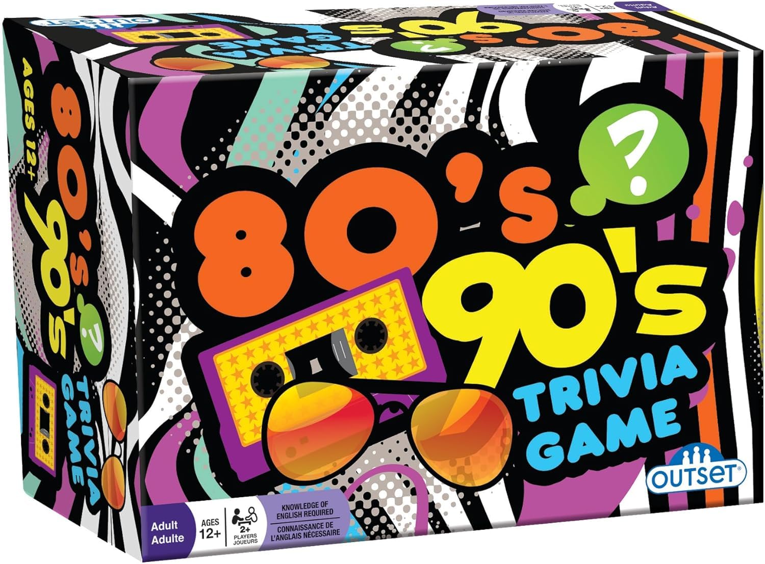 Outset Media 80s-90s Trivia cards spread for group gameplay.