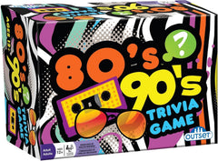 Outset Media 80s-90s Trivia cards spread for group gameplay.