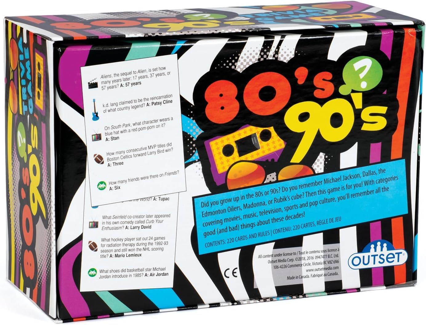 Outset Media 80s-90s Trivia question cards featuring retro prompts.