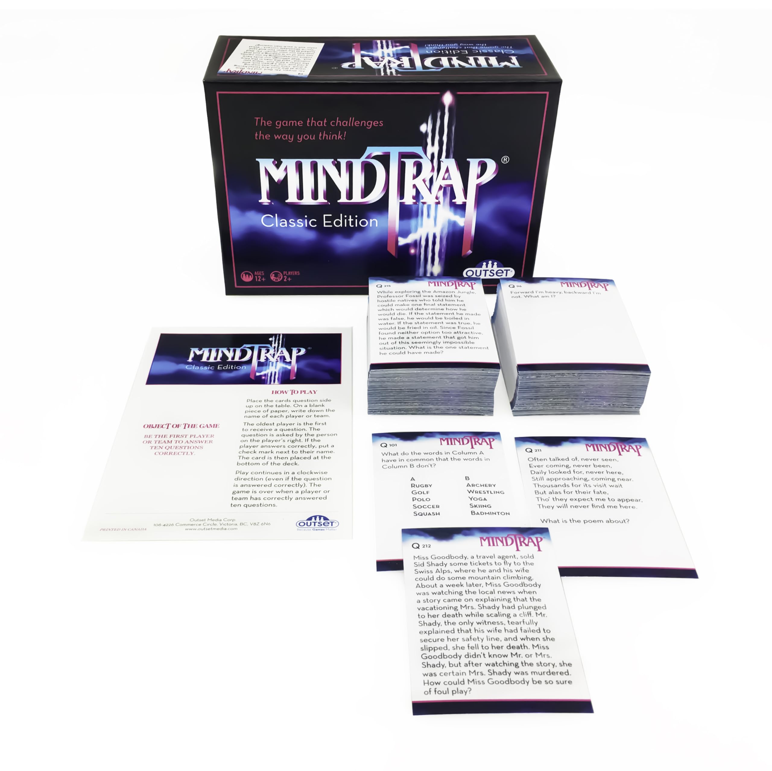 Outset Media MindTrap Classic Edition puzzle cards on table for family challenge.
