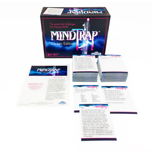 Outset Media MindTrap Classic Edition puzzle cards on table for family challenge.