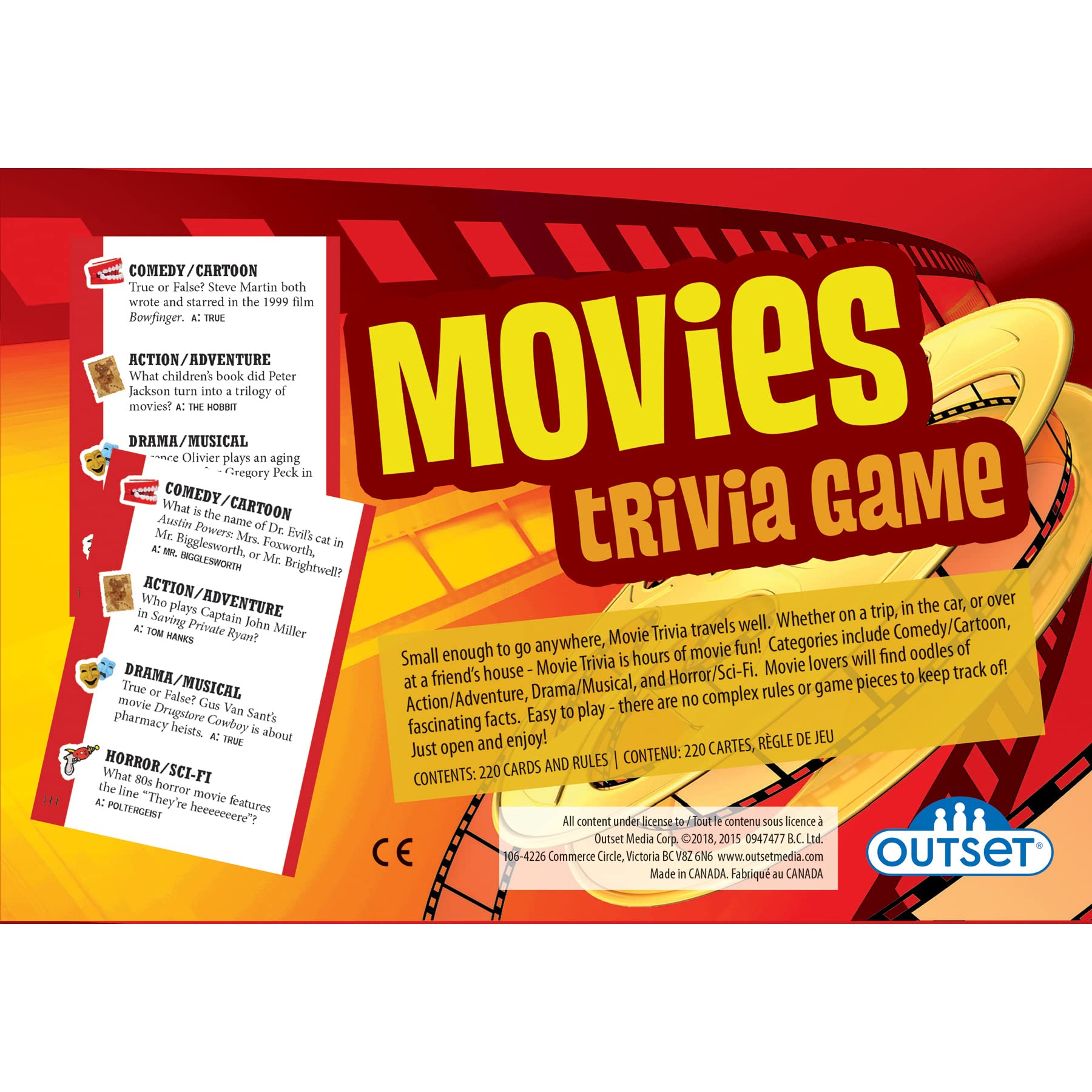 Outset Media Movies Trivia Game components displayed for quick use.