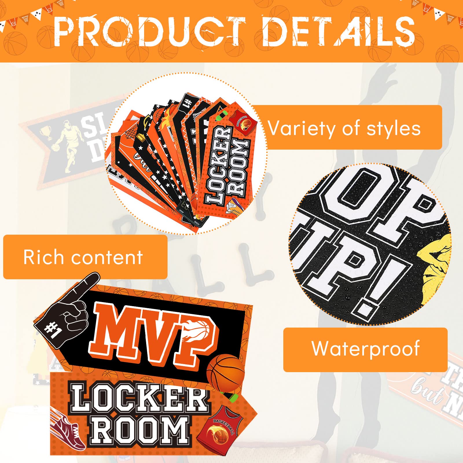 Outus basketball theme backdrop with multiple signs for birthday celebrations.