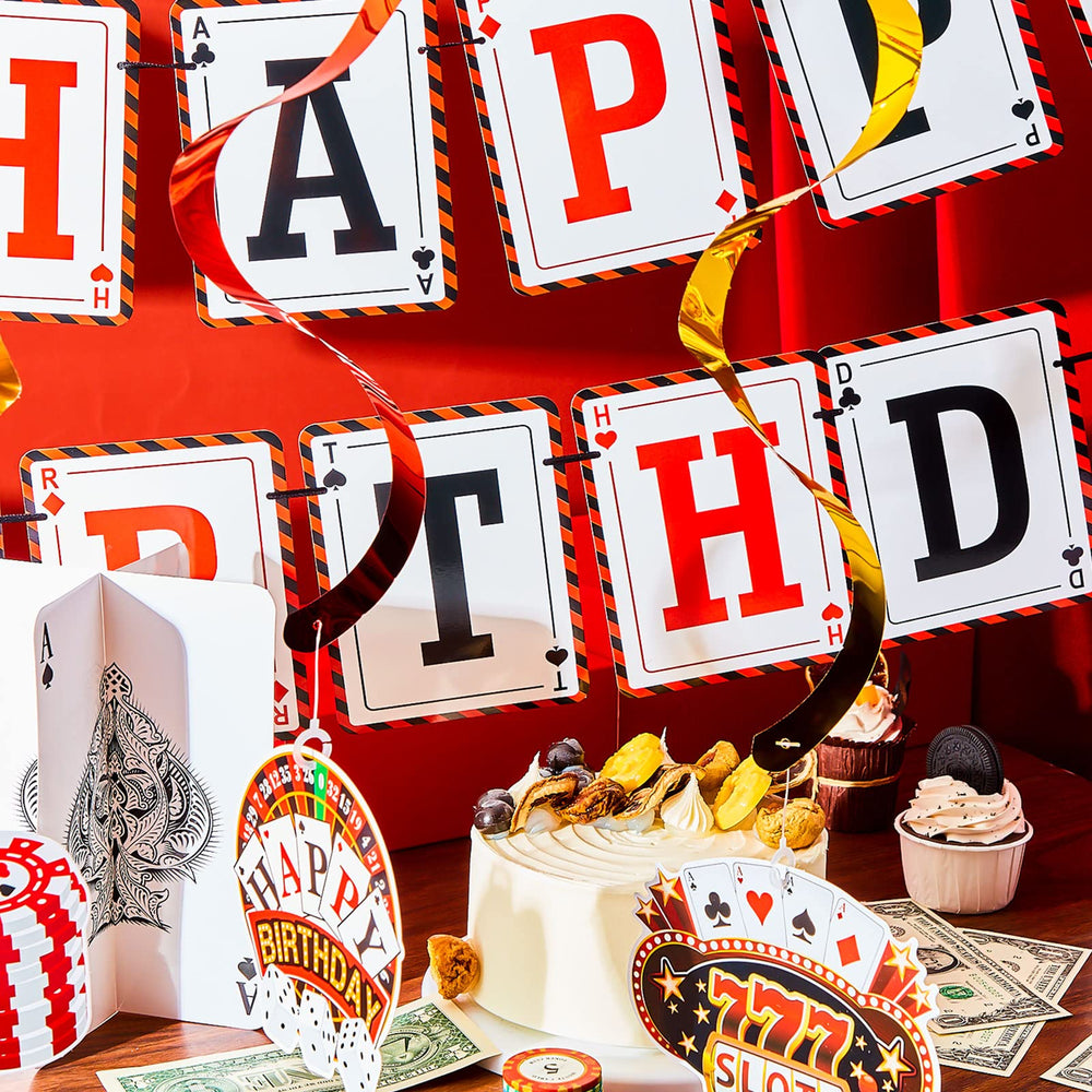 Outus poker table centerpieces in card stock provide reusable focal points.