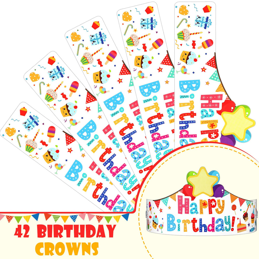 Outus classroom birthday crowns with cupcake and balloon designs create festive atmospheres.