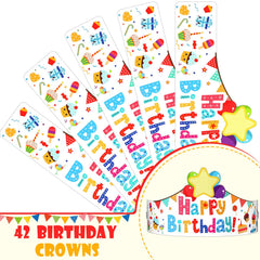Outus classroom birthday crowns with cupcake and balloon designs create festive atmospheres.