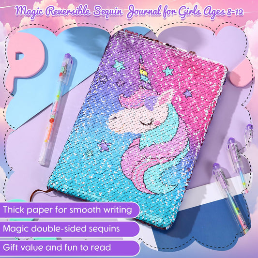 Close-up of the sequin front cover with unicorn design.