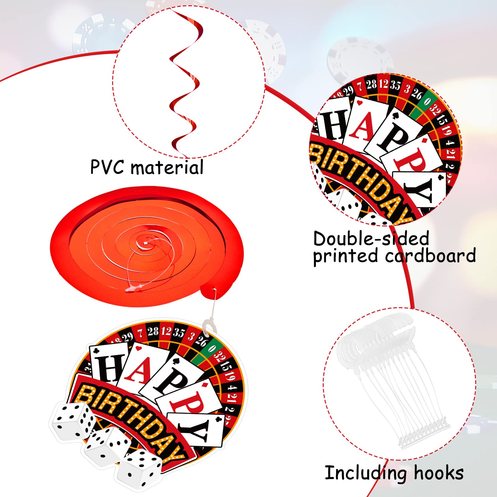 Outus hanging cutouts feature cards and dice for casino style.