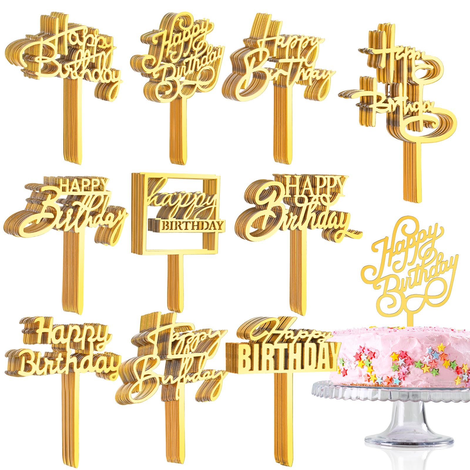 Outus gold double-sided birthday cake toppers on a cake