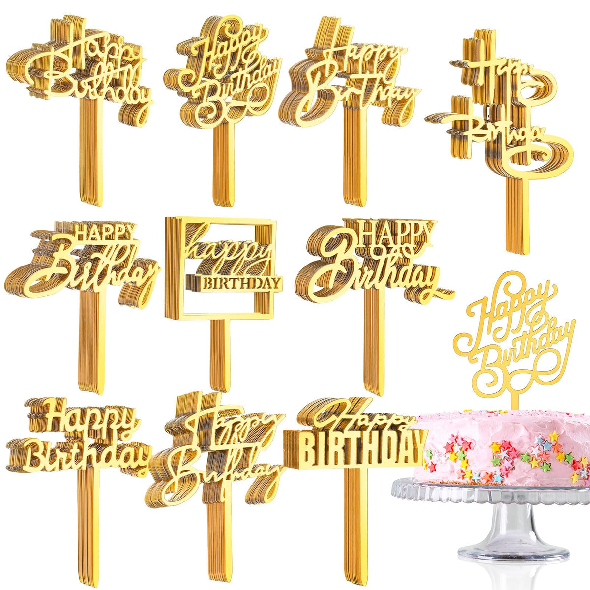 Outus gold double-sided birthday cake toppers on a cake