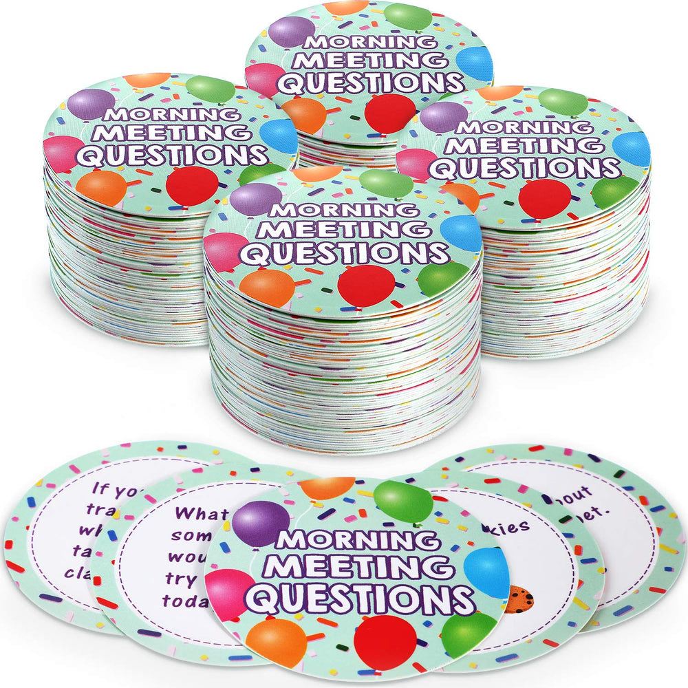 Outus morning meeting cards with balloon design invite participation and friendly discussions.