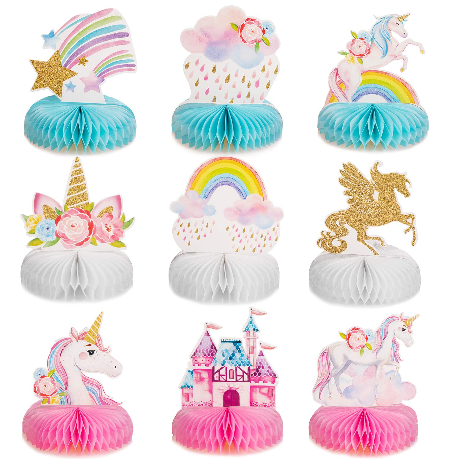 Outus unicorn rainbow honeycomb centerpiece assembled for a festive table focal point
