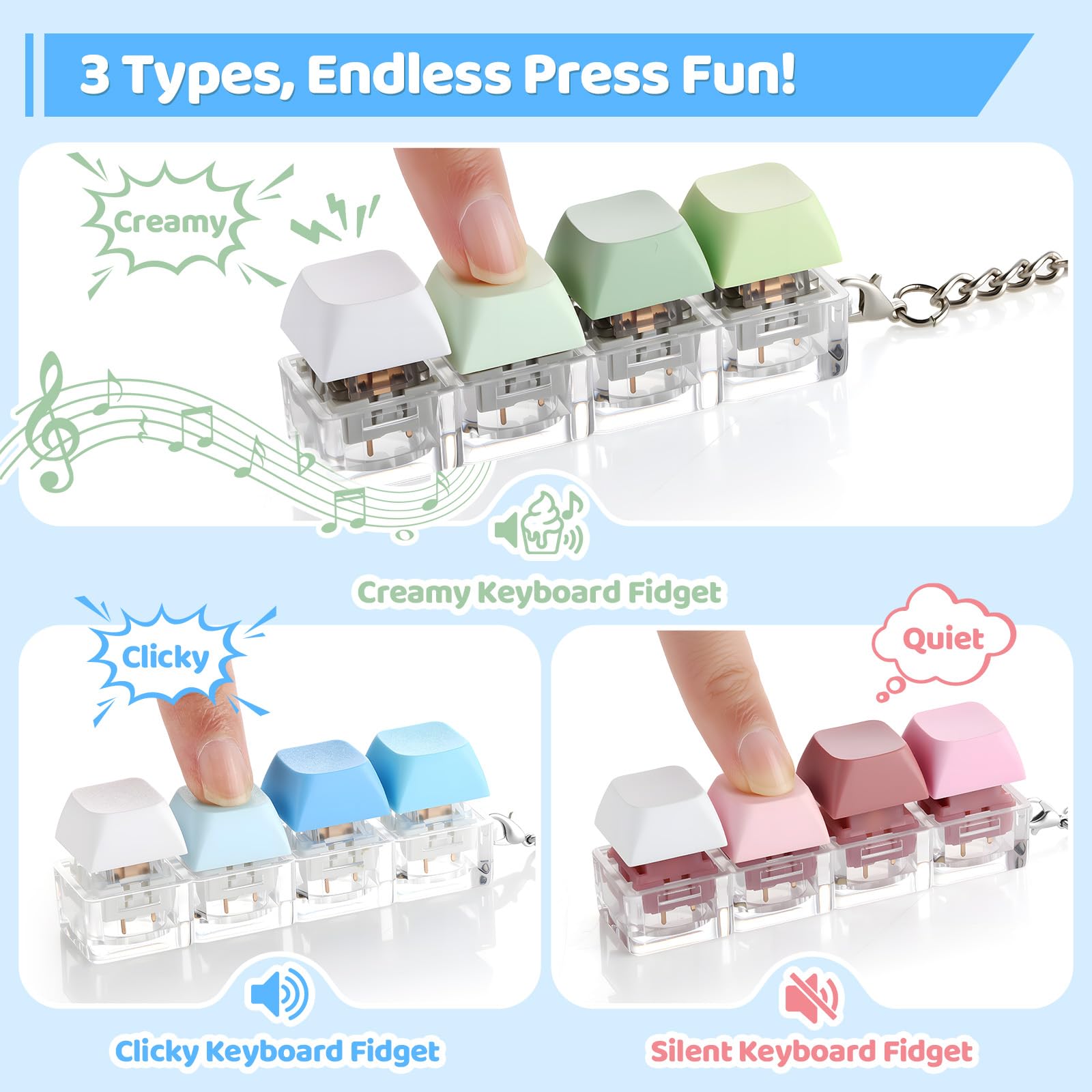 OUTXE keyboard fidget toy with clicky action delivering tactile feedback.